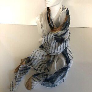 Dual White Sheer Lightweight Scarf with Blue Beige Abstract Pattern 10x92 inch